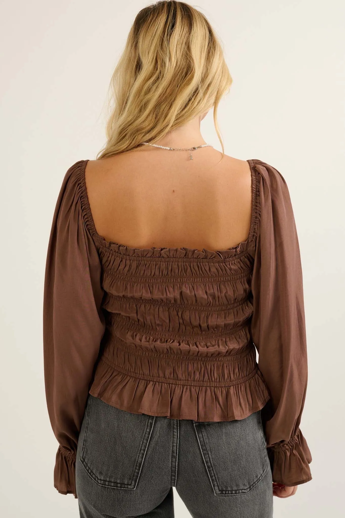 Gather Together Smocked Matte Satin Peasant Top