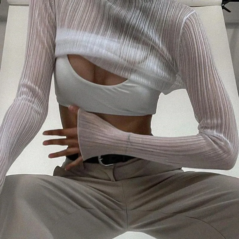 Glamorous Fitted Mock Neck See Through Long Sleeve Blouses