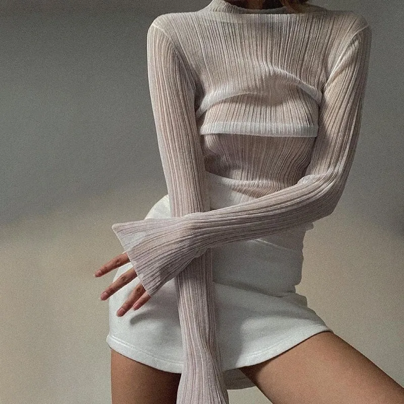 Glamorous Fitted Mock Neck See Through Long Sleeve Blouses