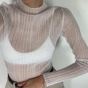 Glamorous Fitted Mock Neck See Through Long Sleeve Blouses