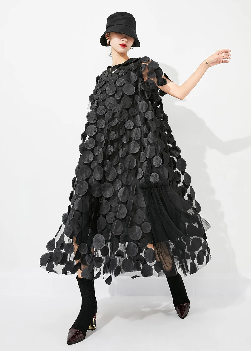 Handmade Black Oversized Patchwork Tulle Robe Dresses Summer LY0834