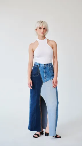 High Waisted Upcycled Patchwork Denim Long Skirt with Slit By Fanfare