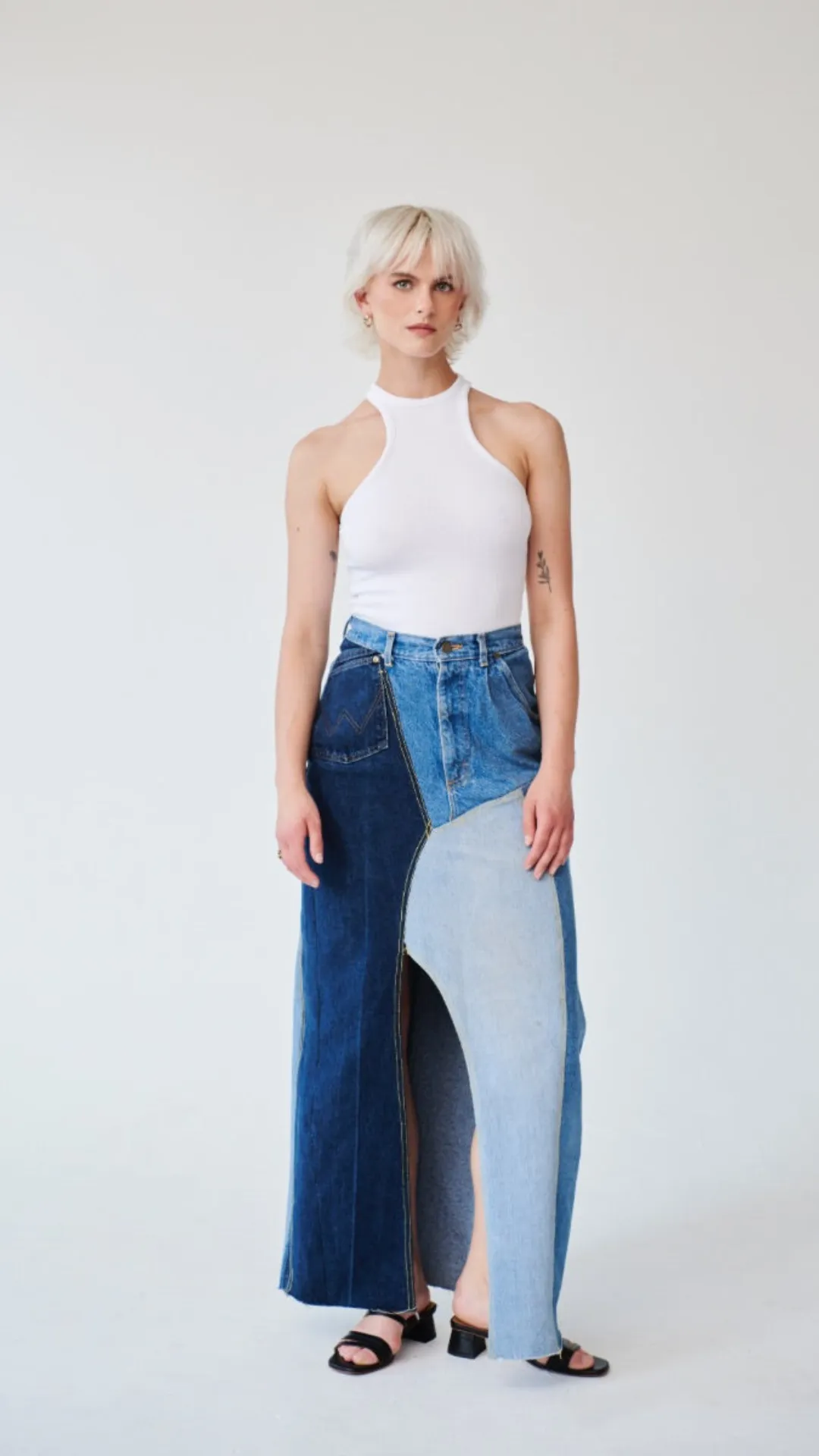 High Waisted Upcycled Patchwork Denim Long Skirt with Slit By Fanfare