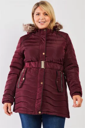 Junior Plus Wine-Burgundy Wavy Quilt Padded Faux Fur Detachable Hood Belted Long Puffer Jacket /1-1-1-1