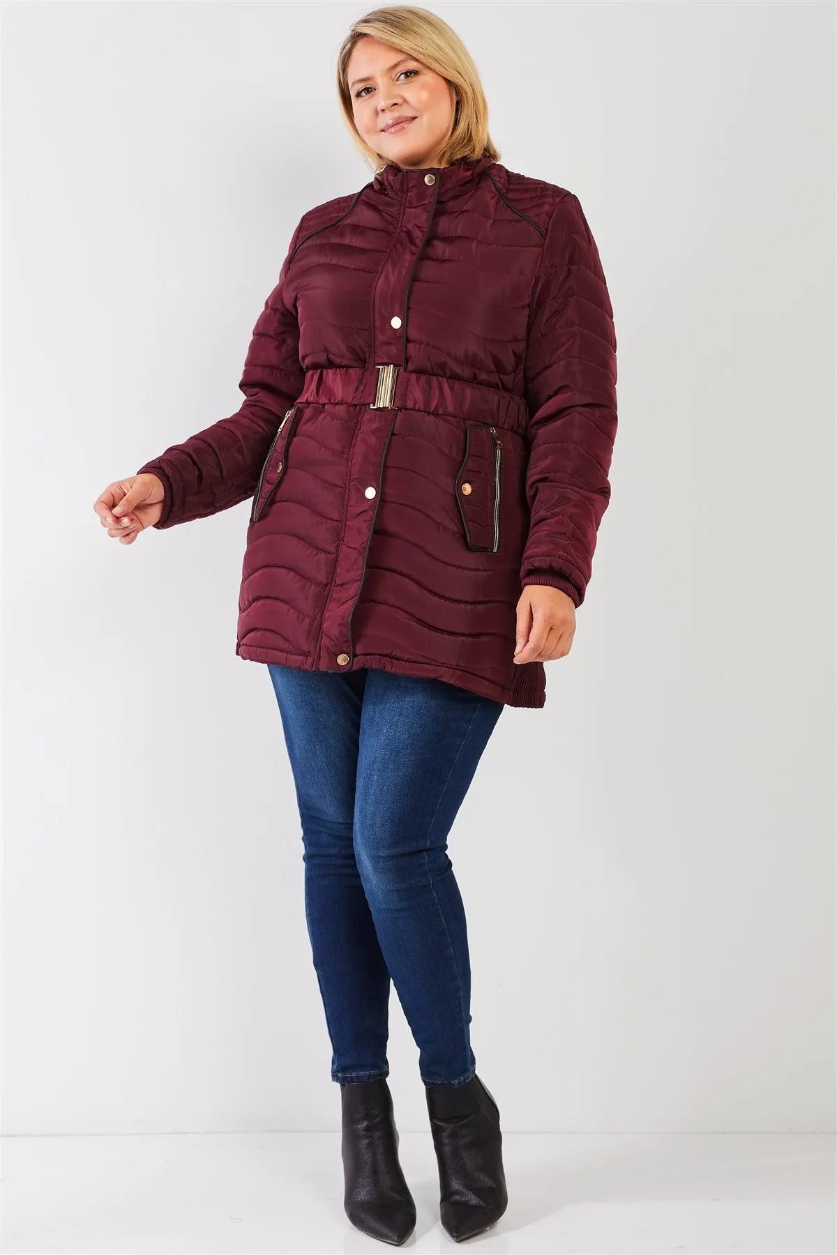 Junior Plus Wine-Burgundy Wavy Quilt Padded Faux Fur Detachable Hood Belted Long Puffer Jacket /1-1-1-1