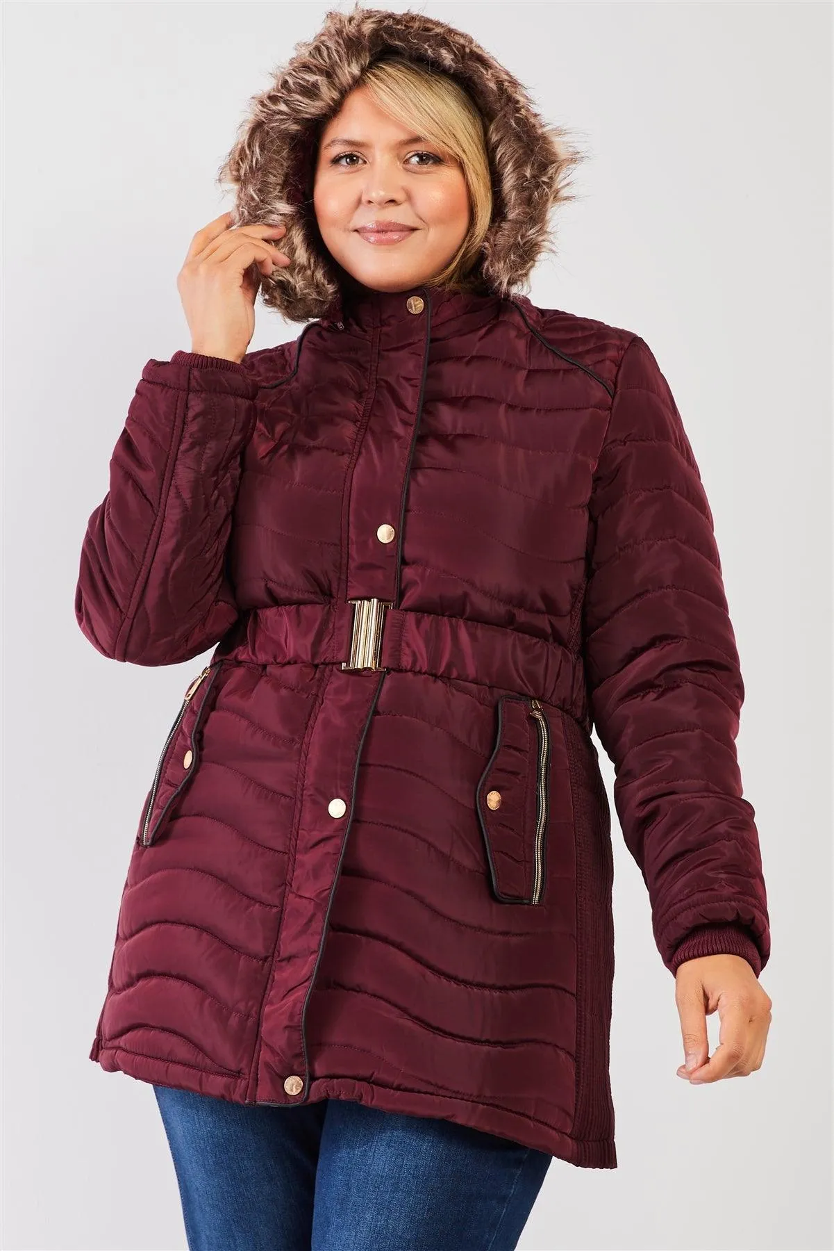 Junior Plus Wine-Burgundy Wavy Quilt Padded Faux Fur Detachable Hood Belted Long Puffer Jacket /1-1-1-1