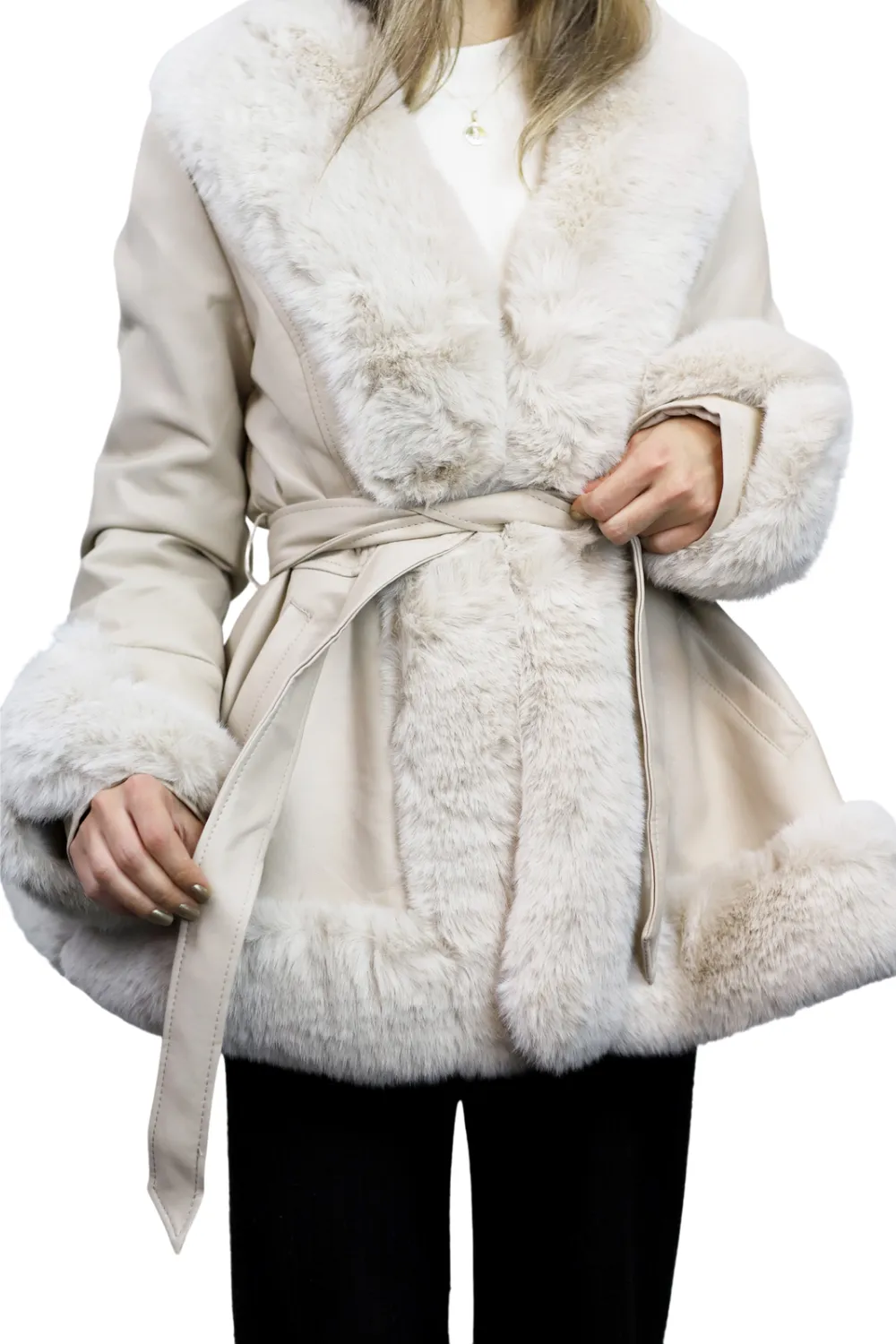 La Fiorentina - Belted Faux Fur-Trimmed Jacket - Beige