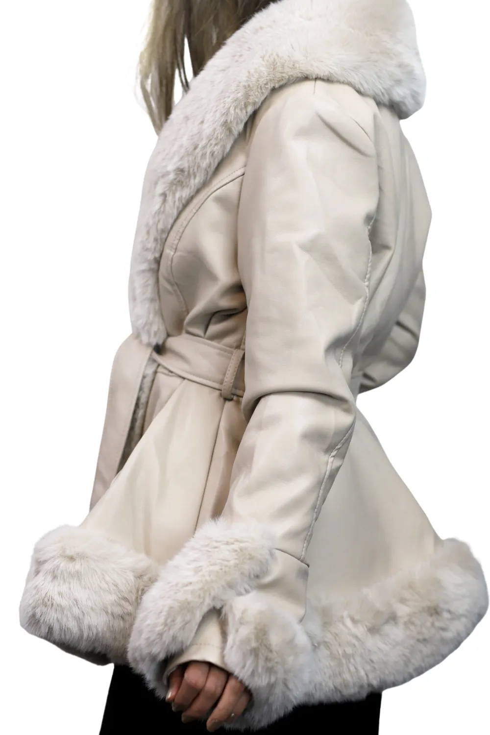 La Fiorentina - Belted Faux Fur-Trimmed Jacket - Beige