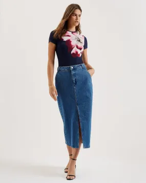 Louannn Printed Short Sleeve Fitted Tee Navy