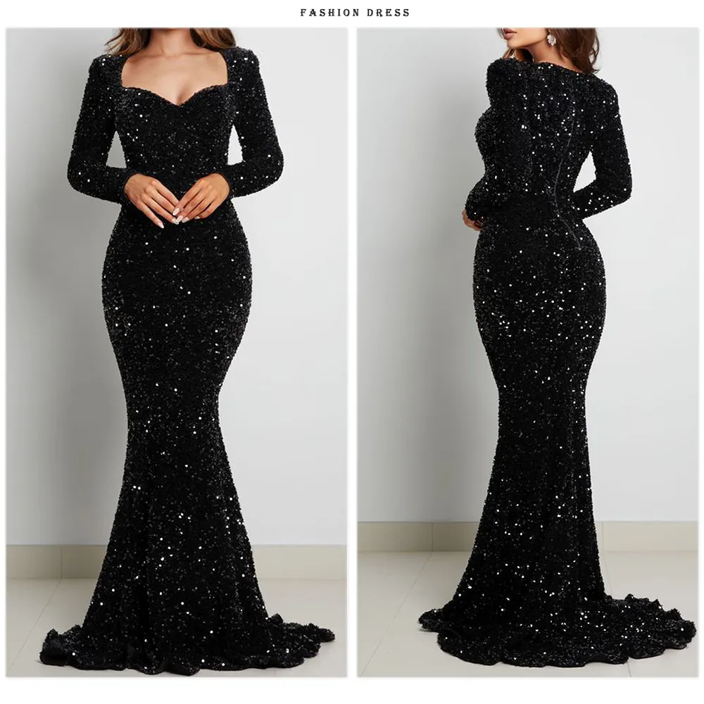 Luxury Black Long Sleeve Evening Gown Sequin Stretchy Velvet V Neck Mermaid Prom Floor Length Dress Burgundy Winter