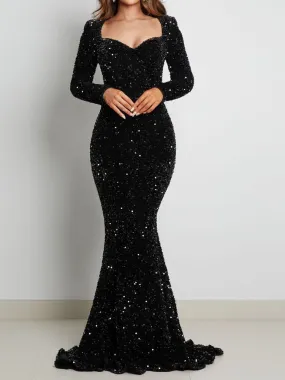 Luxury Black Long Sleeve Evening Gown Sequin Stretchy Velvet V Neck Mermaid Prom Floor Length Dress Burgundy Winter