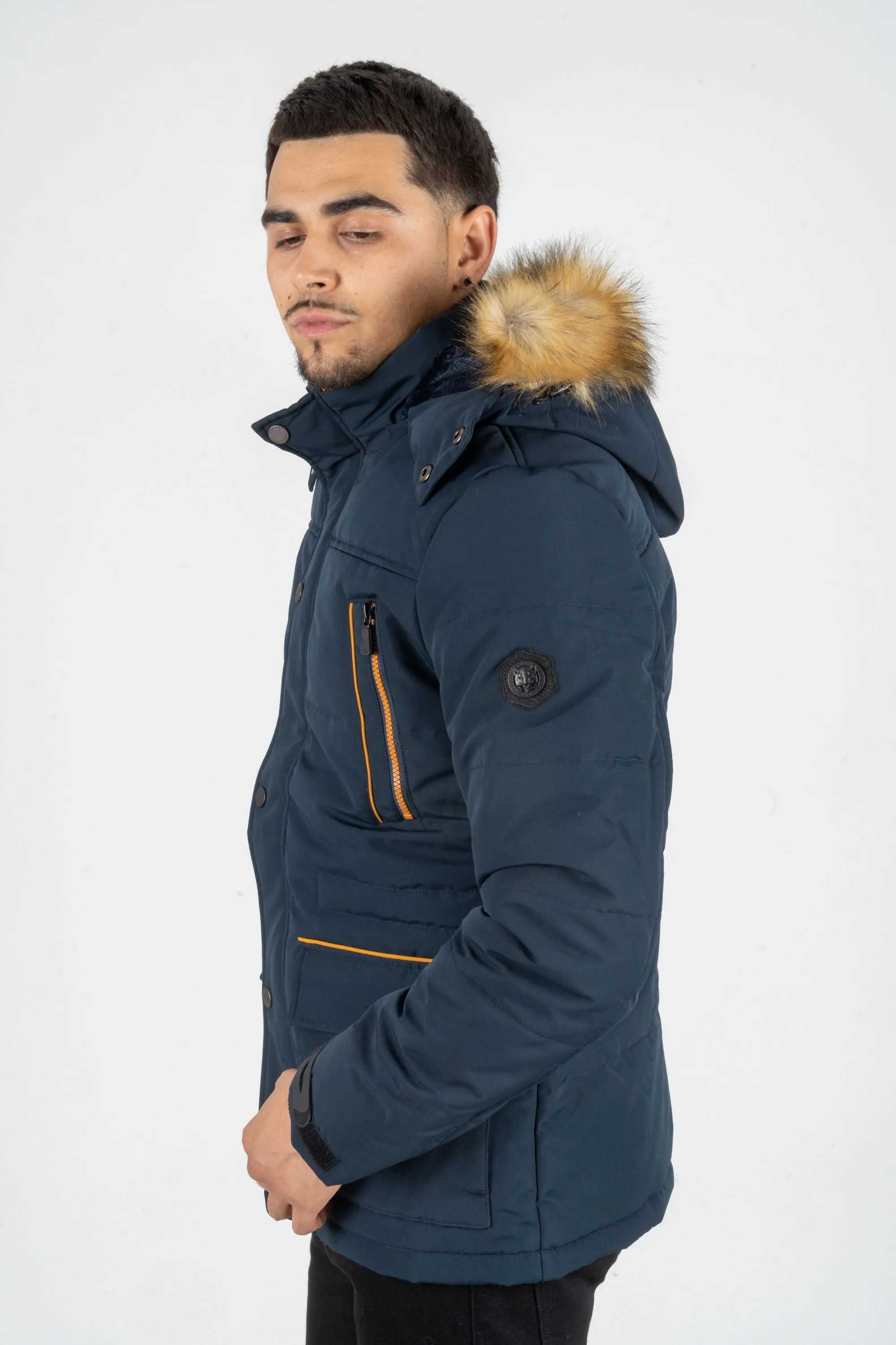 MEN'S LONG WINTER JACKET WITH FAUX FUR TRIMMED HOOD | NAVY | JKT7985