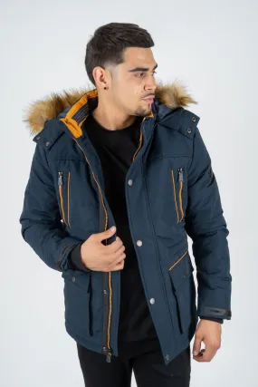 MEN'S LONG WINTER JACKET WITH FAUX FUR TRIMMED HOOD | NAVY | JKT7985