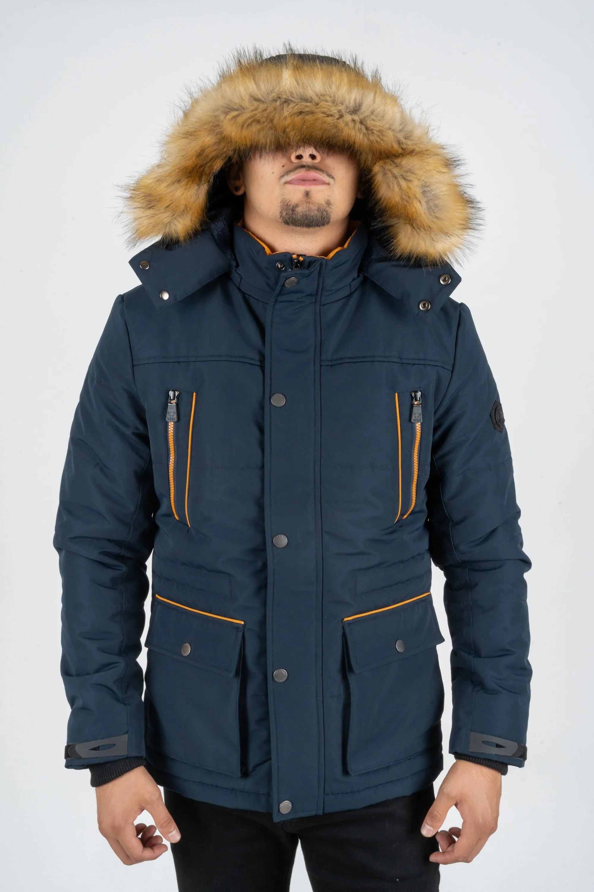 MEN'S LONG WINTER JACKET WITH FAUX FUR TRIMMED HOOD | NAVY | JKT7985