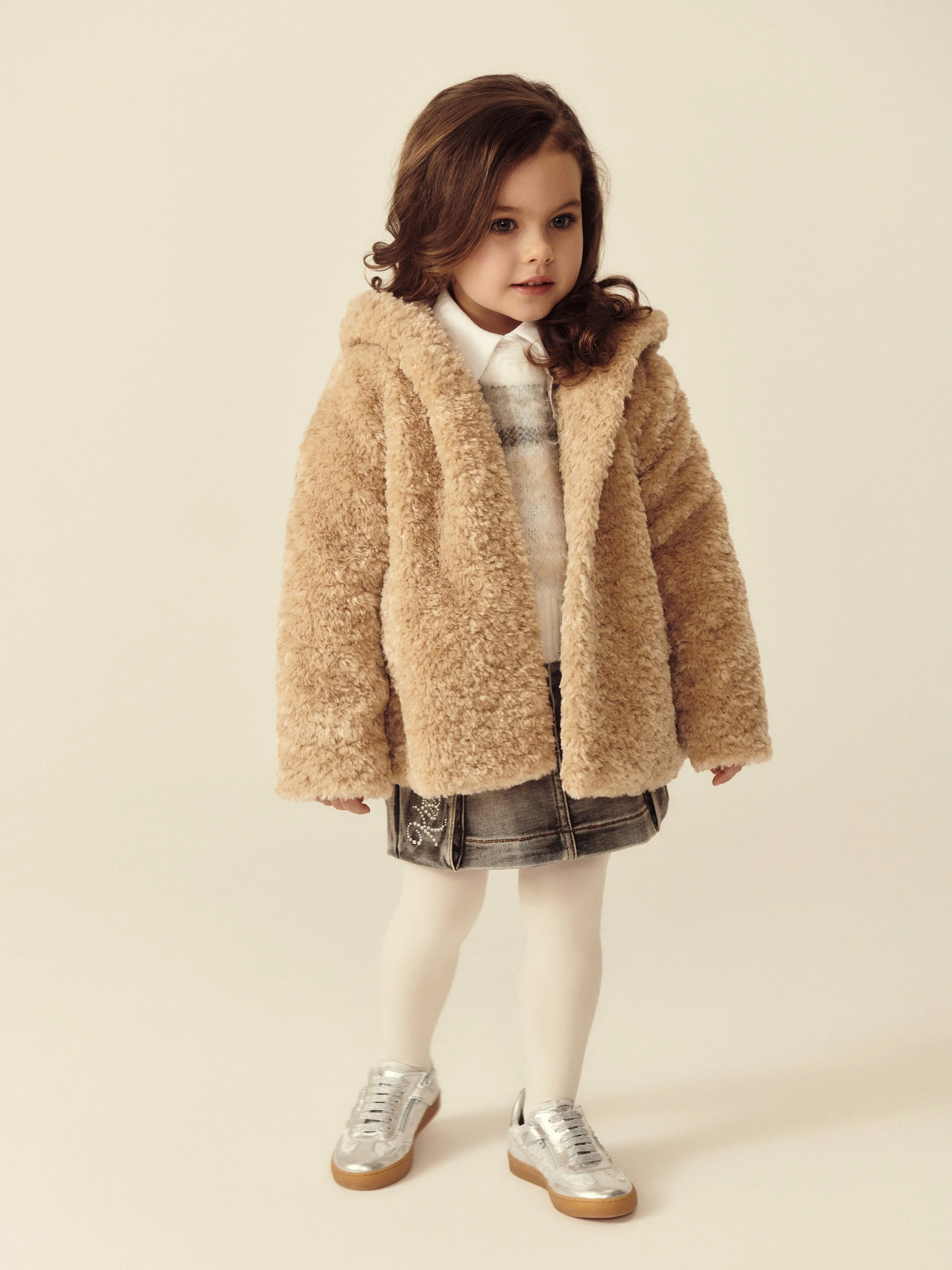 Monnalisa Girls Plush Faux Fur Jacket in Beige