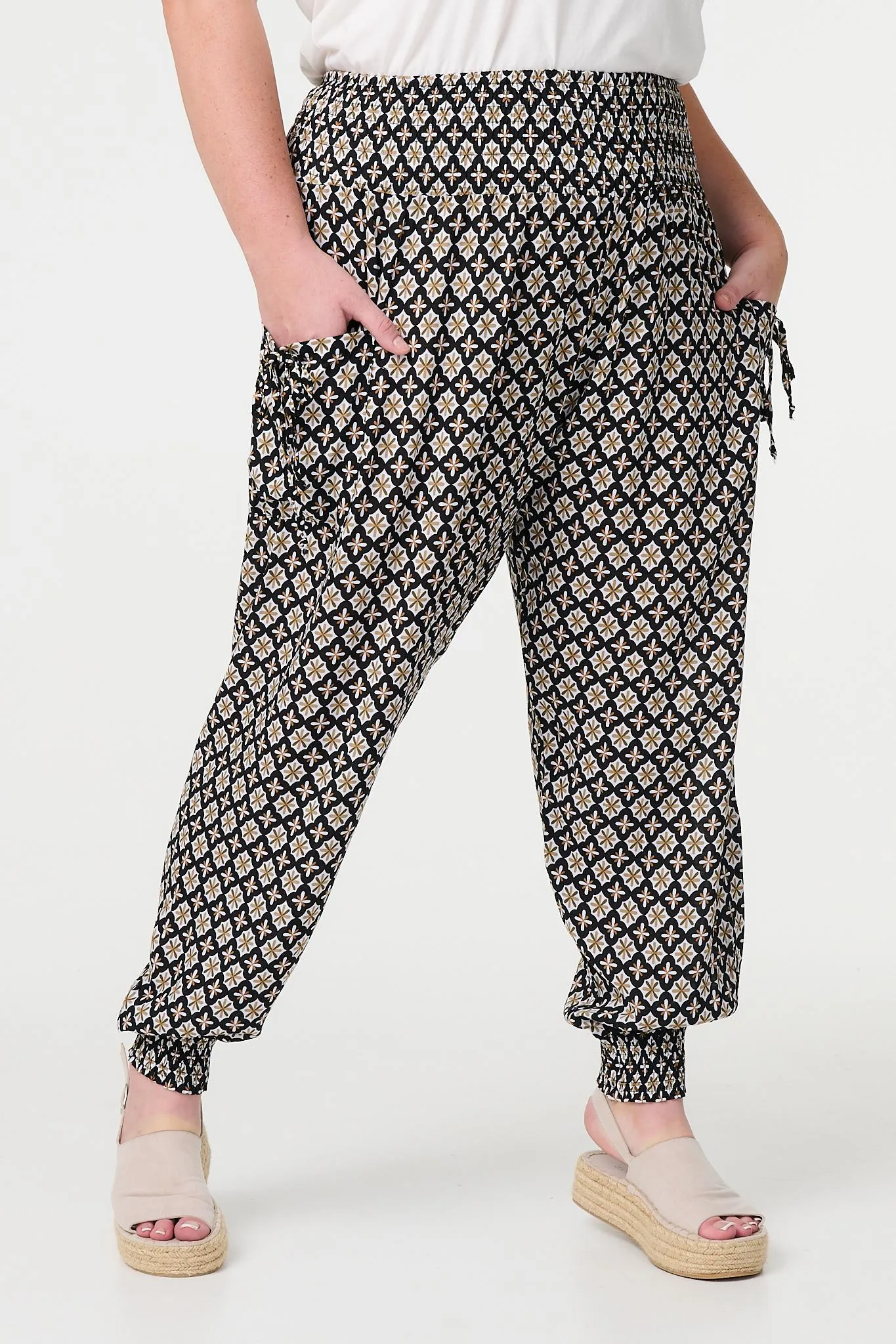 Mosaic Print Shirred Harem Pants