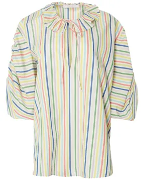 Multicolor Stripe Tie Neck Puff Sleeve Blouse