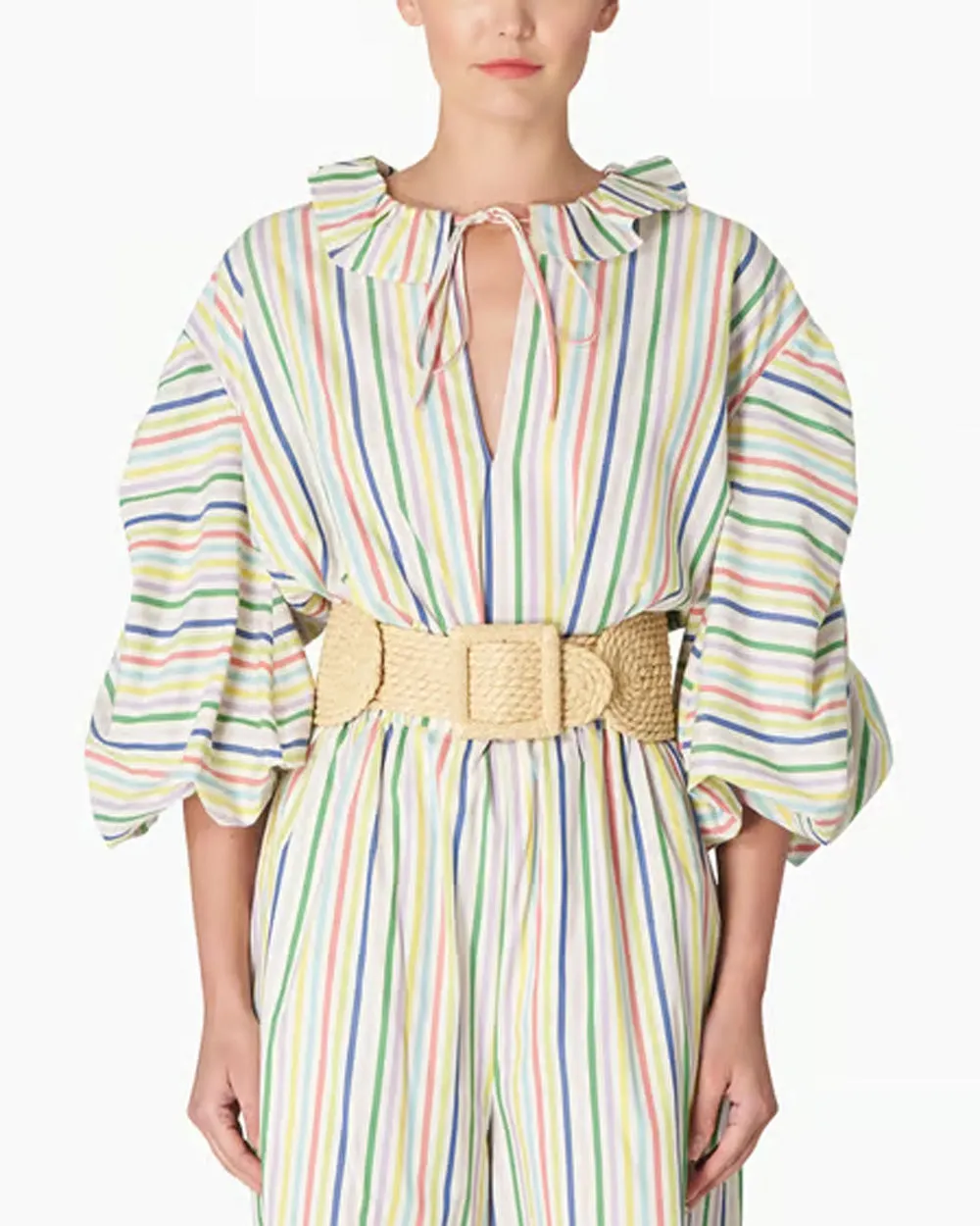 Multicolor Stripe Tie Neck Puff Sleeve Blouse