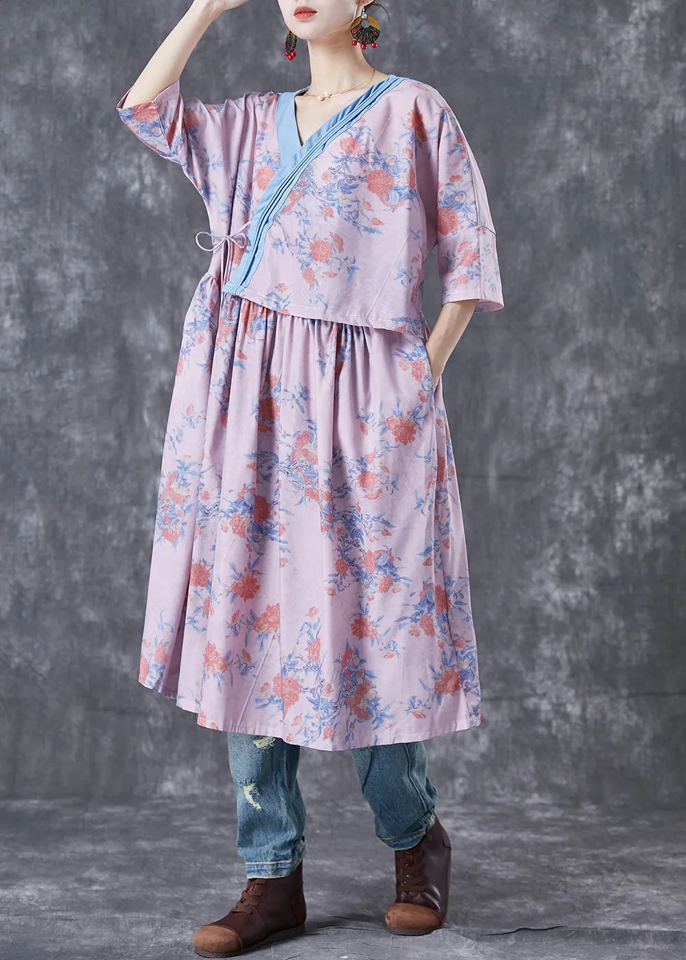 Natural Pink V Neck Patchwork Print Linen Robe Dresses Summer TA1038