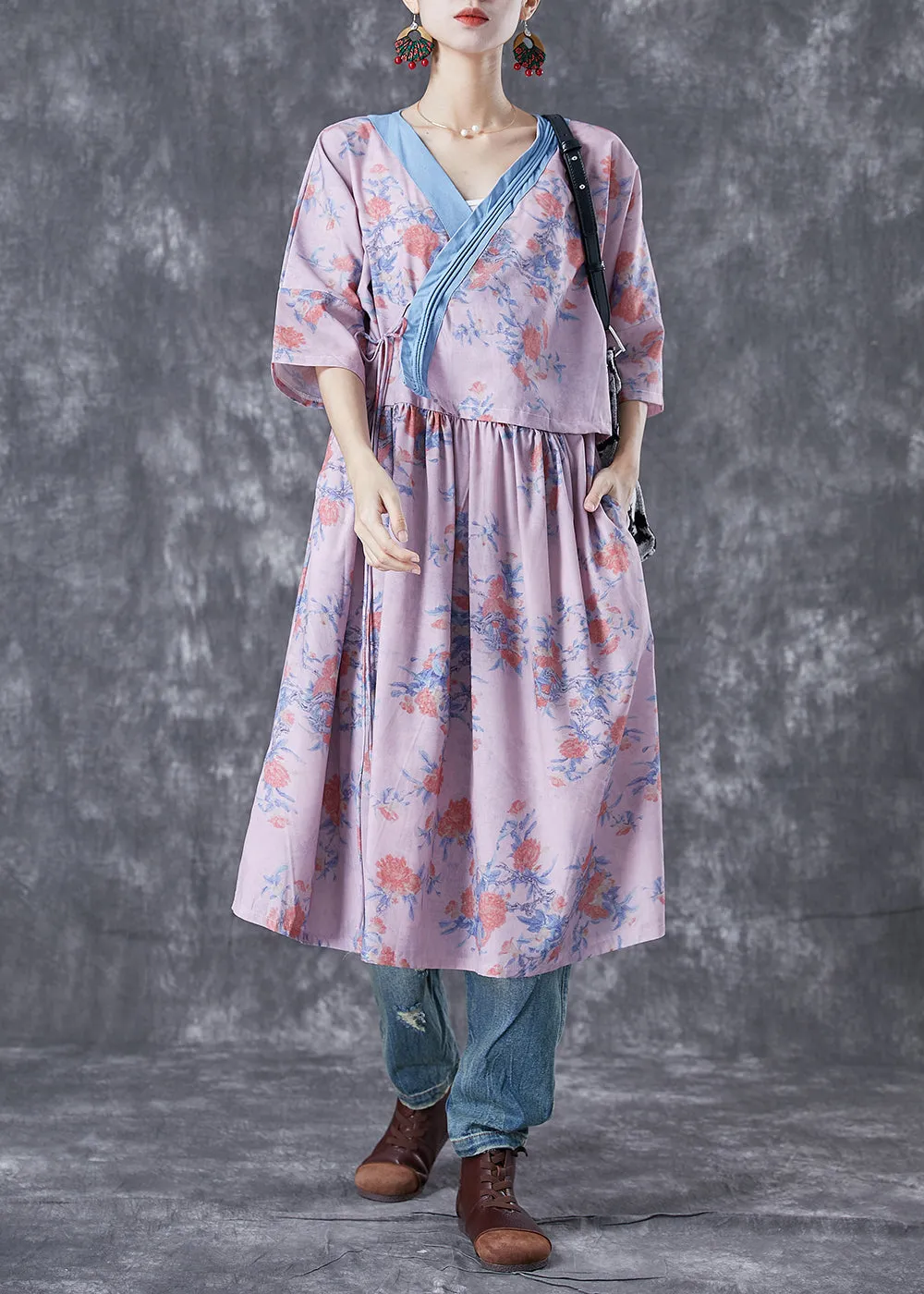 Natural Pink V Neck Patchwork Print Linen Robe Dresses Summer TA1038