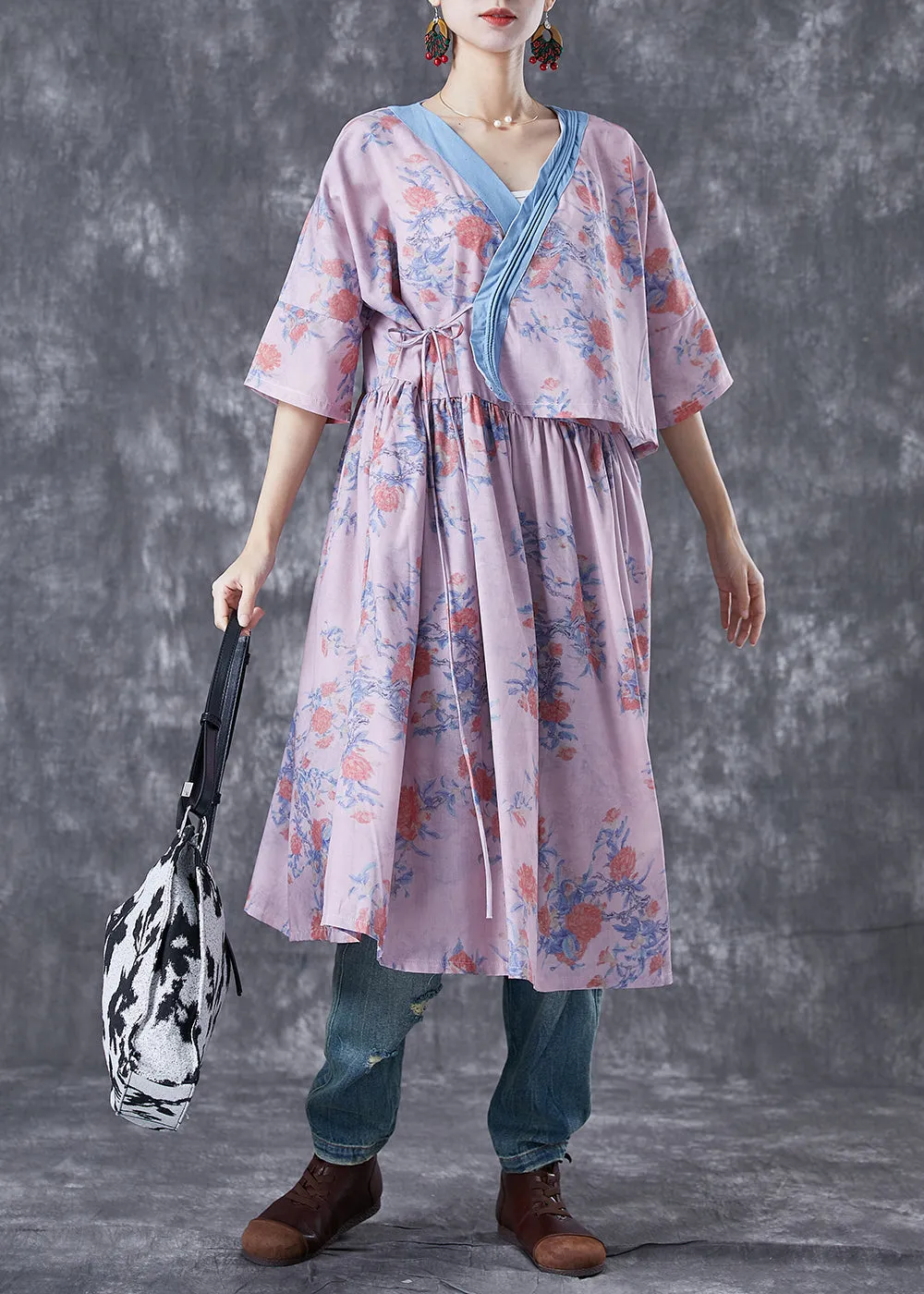 Natural Pink V Neck Patchwork Print Linen Robe Dresses Summer TA1038