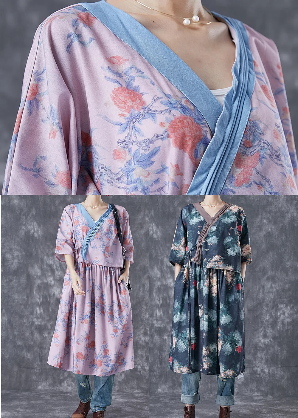 Natural Pink V Neck Patchwork Print Linen Robe Dresses Summer TA1038