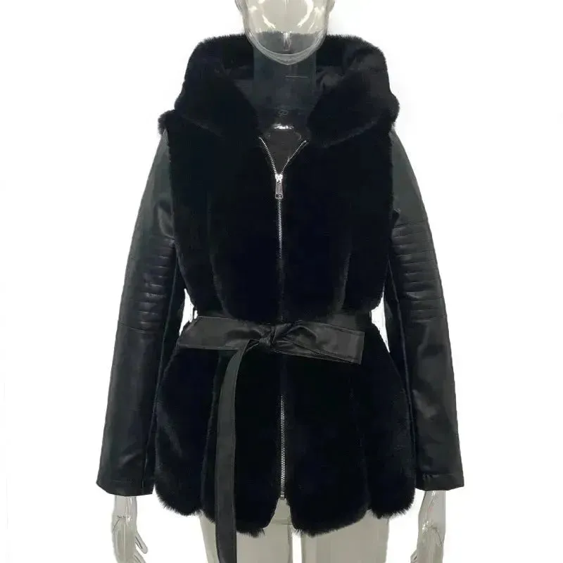 New Style Fur Belt Belt Hooded Zipper vest sleeveless Winter Jacket for women