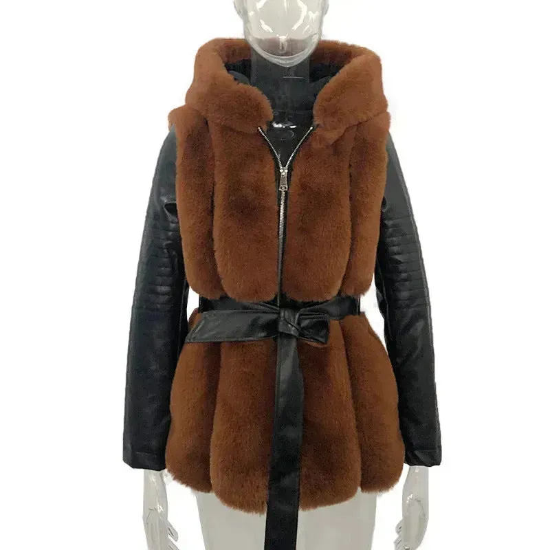 New Style Fur Belt Belt Hooded Zipper vest sleeveless Winter Jacket for women