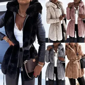 New Style Fur Belt Belt Hooded Zipper vest sleeveless Winter Jacket for women