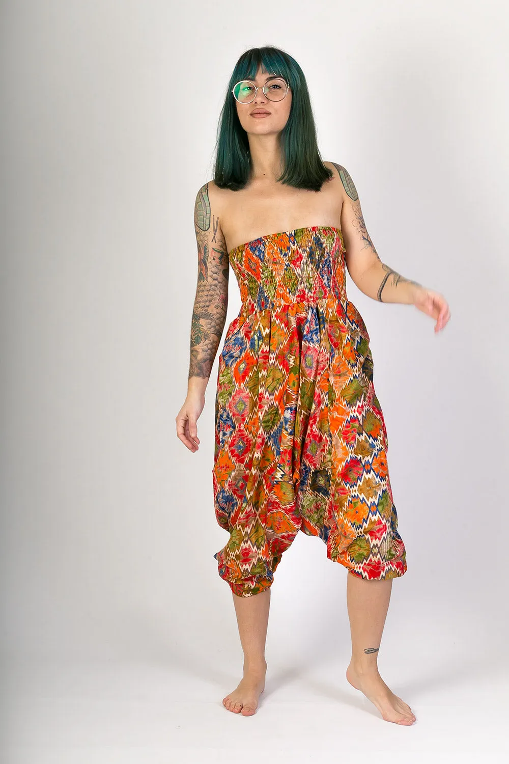 Orange Print Cotton Harem Yoga Jumpsuit Pants