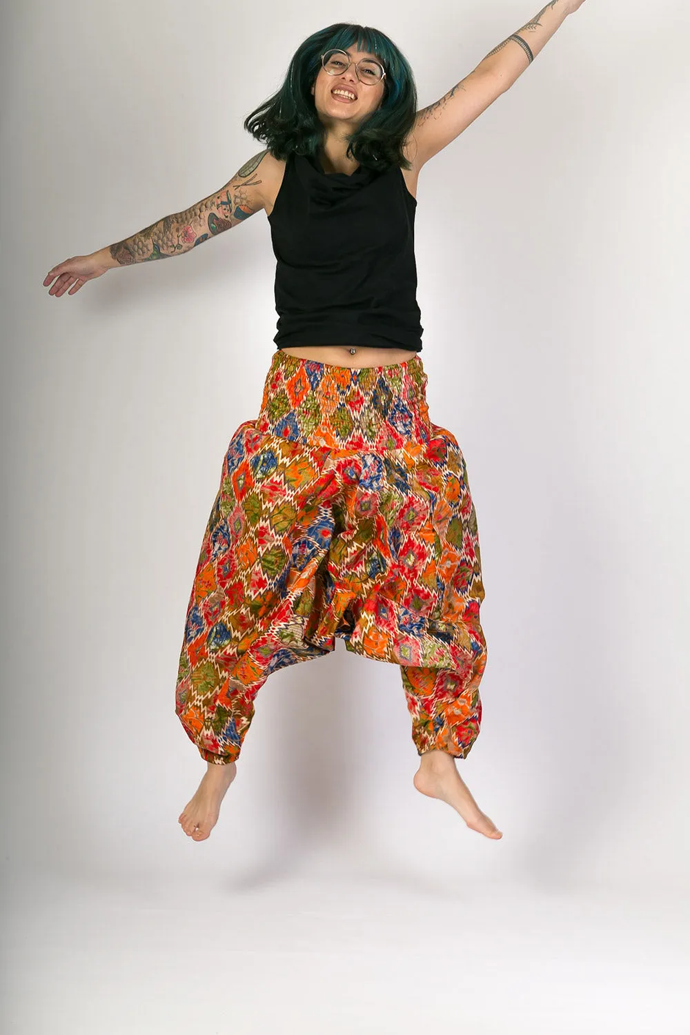 Orange Print Cotton Harem Yoga Jumpsuit Pants