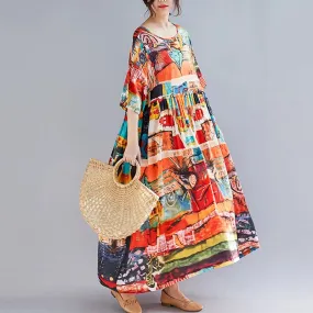 Oversized Women Summer Boho Dress Cotton Linen Floral Print Ladies Dresses Casual Long Bohemian Beach Dress 2023