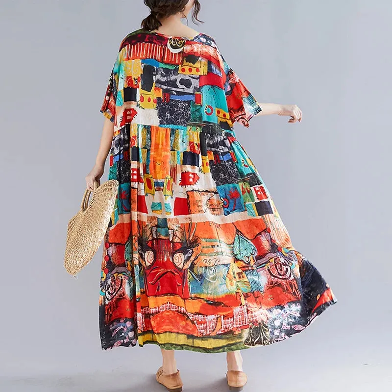 Oversized Women Summer Boho Dress Cotton Linen Floral Print Ladies Dresses Casual Long Bohemian Beach Dress 2023