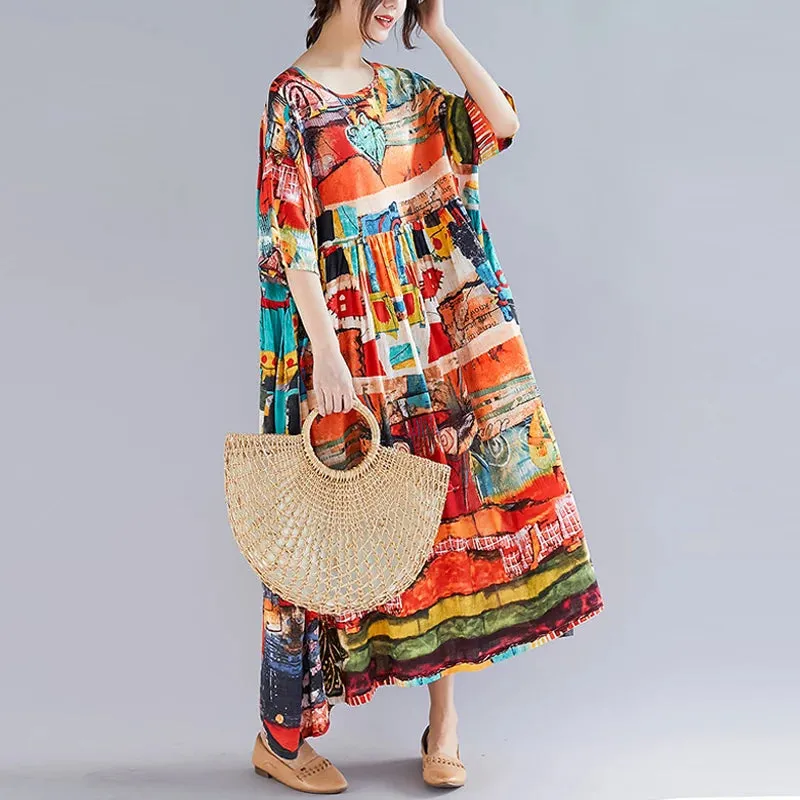 Oversized Women Summer Boho Dress Cotton Linen Floral Print Ladies Dresses Casual Long Bohemian Beach Dress 2023