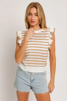 Round Neck Ruffle Sleeve Stripe Knit Top