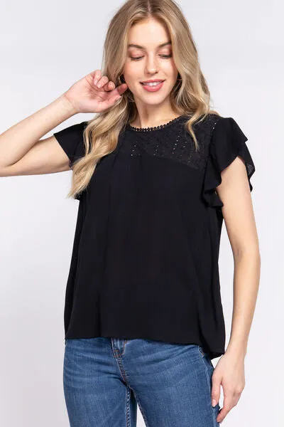 Ruffle Short Sleeve Crochet Blouse