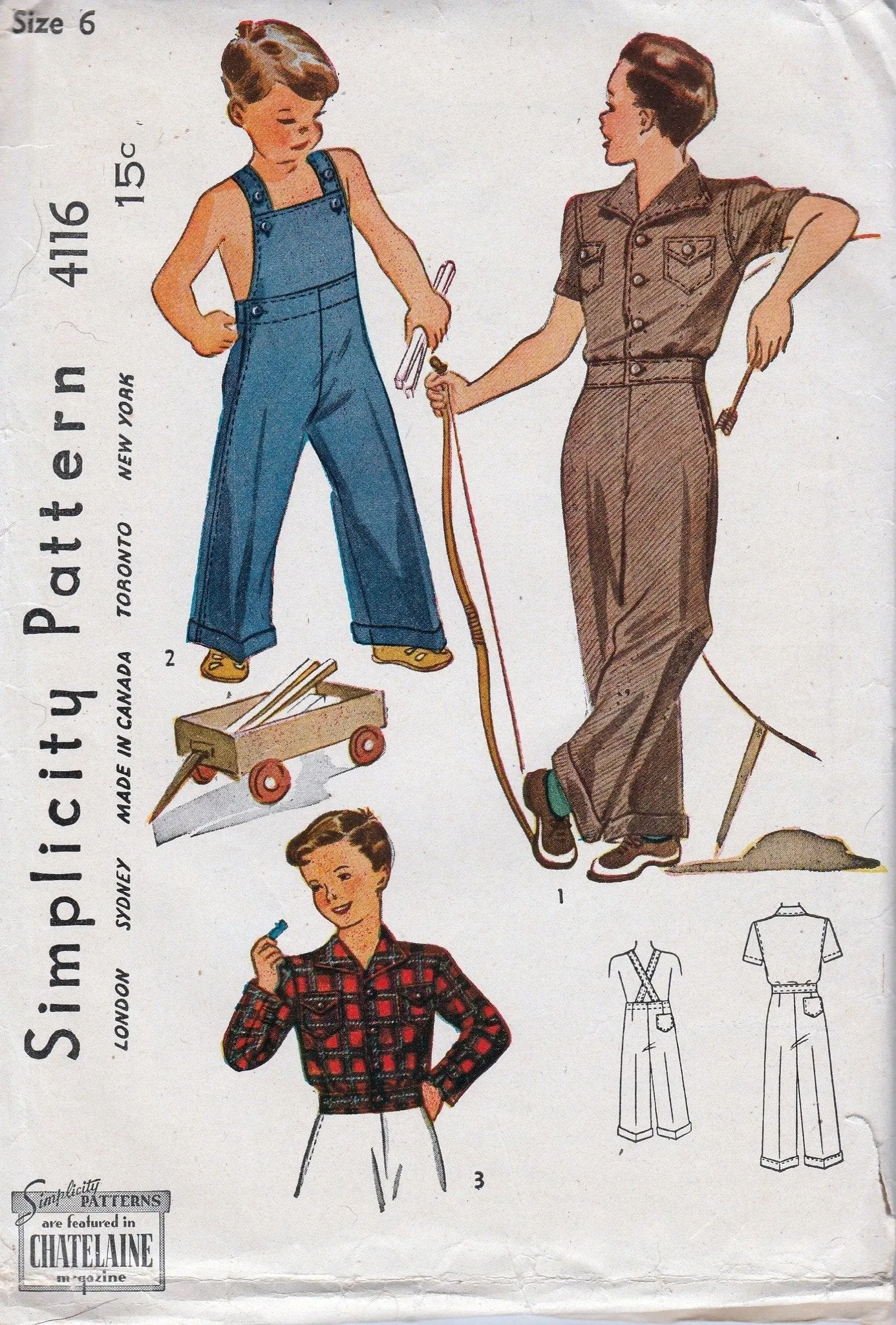 Simplicity 4116 Young Boys Overalls Lumber Jacket Vintage Pattern 1940's