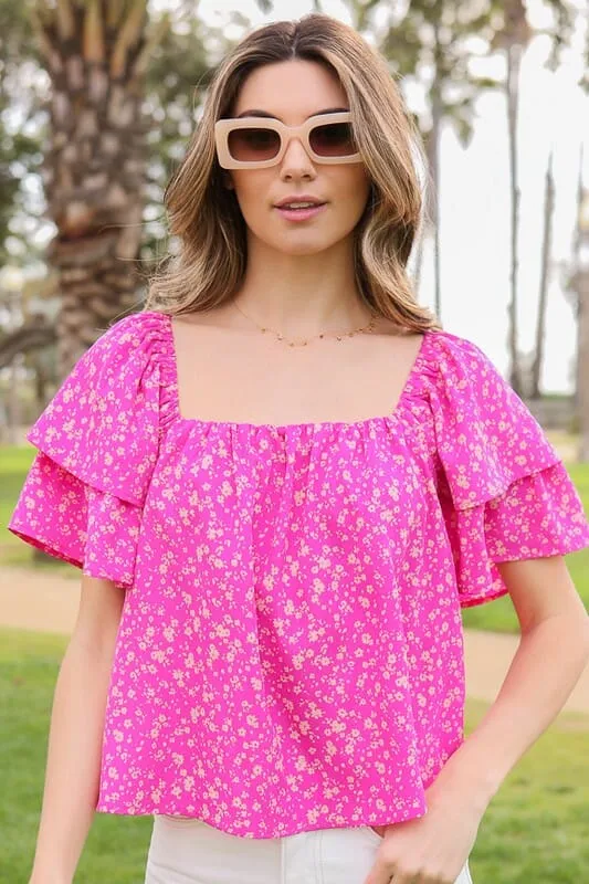 SMOCKED SQUARE NECK FLORAL BLOUSE WITH OPEN BACK