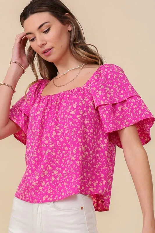 SMOCKED SQUARE NECK FLORAL BLOUSE WITH OPEN BACK