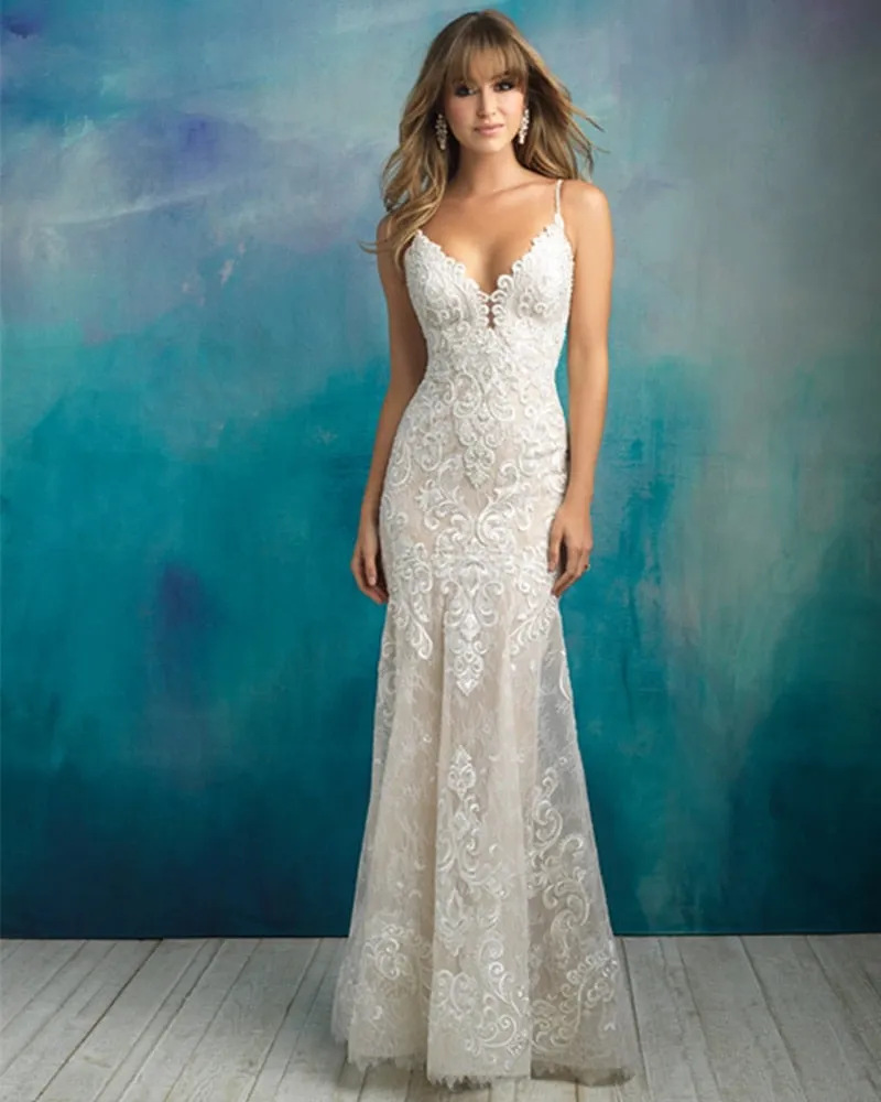 Spaghetti Strap V-neck Backless Beading Appliques Lace Mermaid Wedding Dress