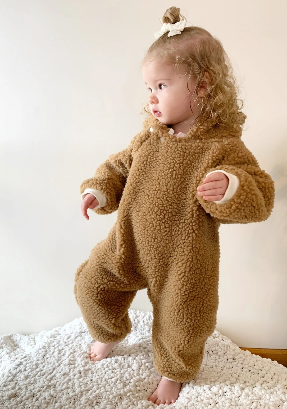 Teddy Bear Fluffy Button Baby Pramsuit - Crepe