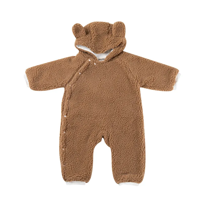 Teddy Bear Fluffy Button Baby Pramsuit - Crepe