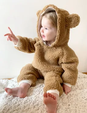 Teddy Bear Fluffy Button Baby Pramsuit - Crepe