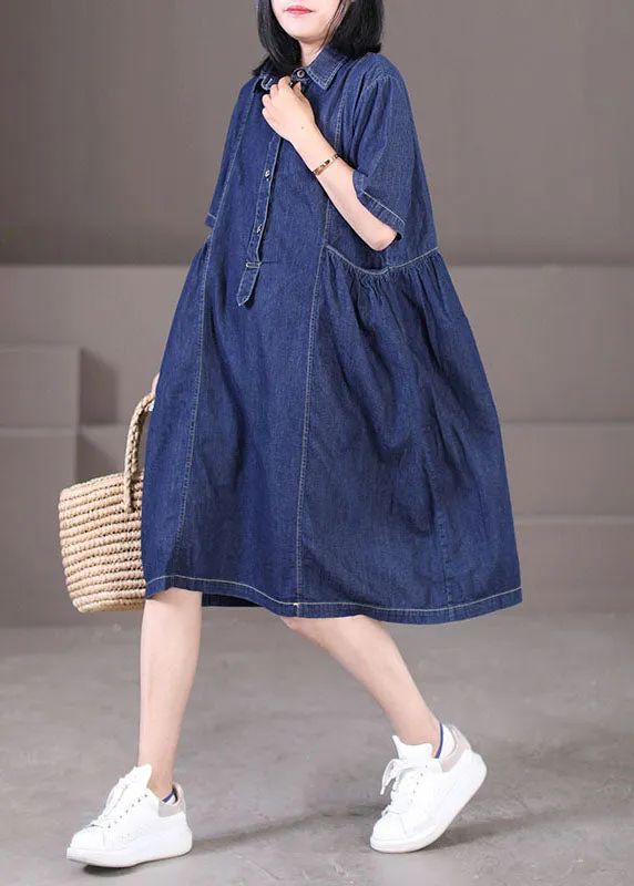 Women Denim Blue Peter Pan Collar Wrinkled Pockets Cotton Robe Dresses Short Sleeve