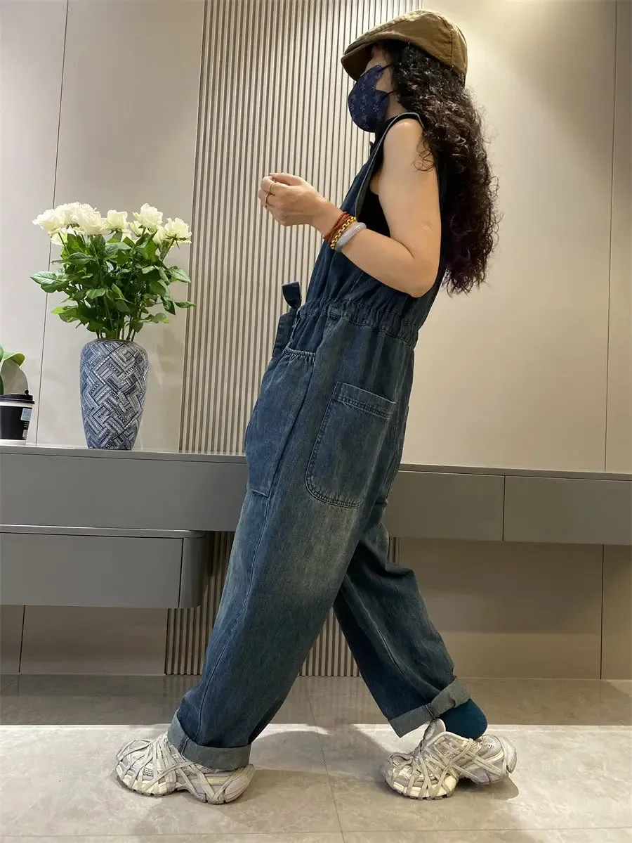 women's jean overall pants wide leg denim jumpsuit Retro Cargo Jean