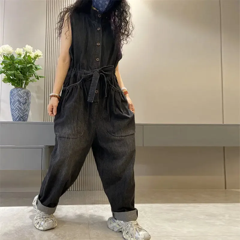 women's jean overall pants wide leg denim jumpsuit Retro Cargo Jean