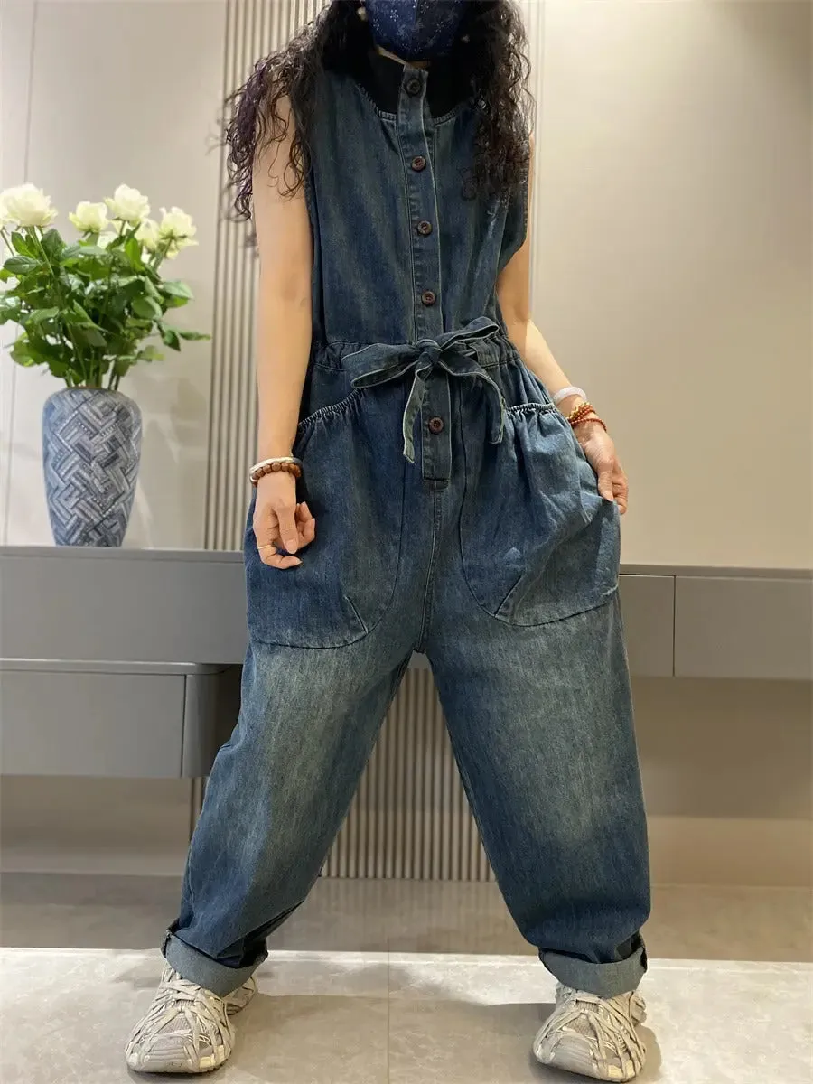 women's jean overall pants wide leg denim jumpsuit Retro Cargo Jean