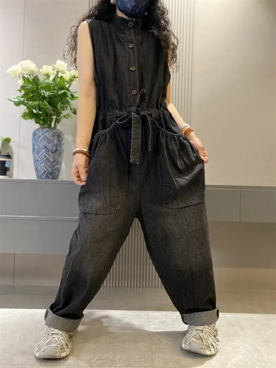 women's jean overall pants wide leg denim jumpsuit Retro Cargo Jean