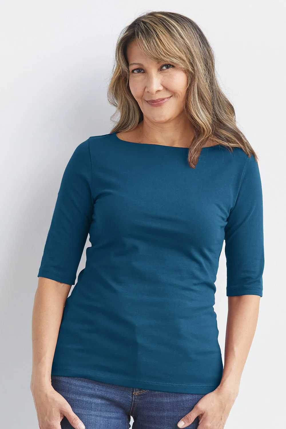 Women's Organic Elbow Sleeve Boat Neck Top