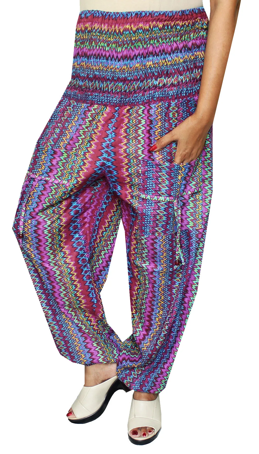 Womens Smocked Waist Hippie Rayon Harem Pants (Multicolour)